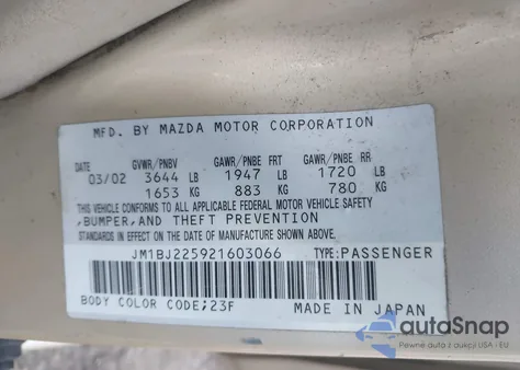 2002 Mazda Protege Dx/Es/Lx from USA, damaged, VIN JM1BJ225921603066